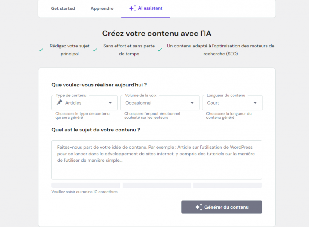 Interfaz del Asistente con IA de Hostinger WordPress en francés