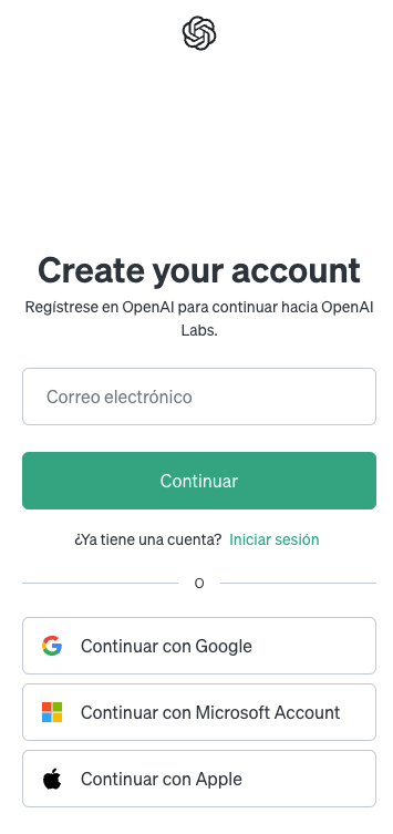 Sección de crear tu cuenta en OpenAI