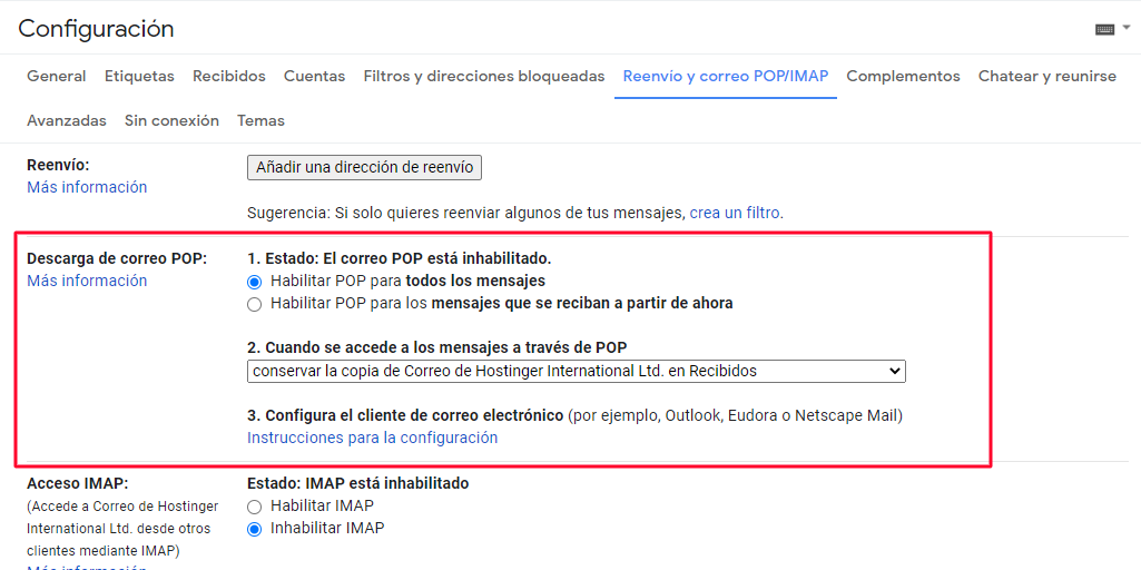 Ajustar la configuración de descarga POP en Gmail
