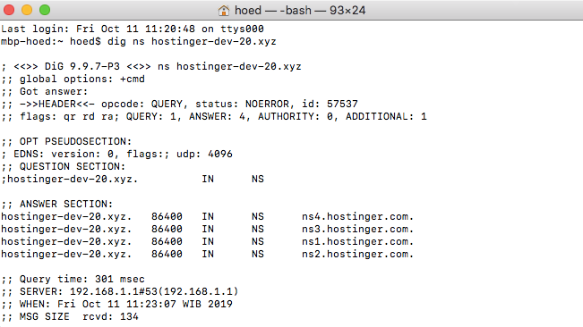 Esta imagen muestra el comando del terminal en MacOs junto con la información del servidor de nombres de dominio