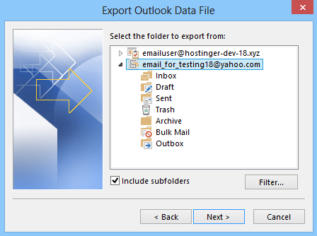 Seleccionar una cuenta de correo electrónico para exportar en Microsoft Outlook