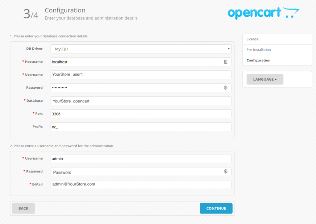 Ingresa un usuario y contraseña en la instalación de OpenCart