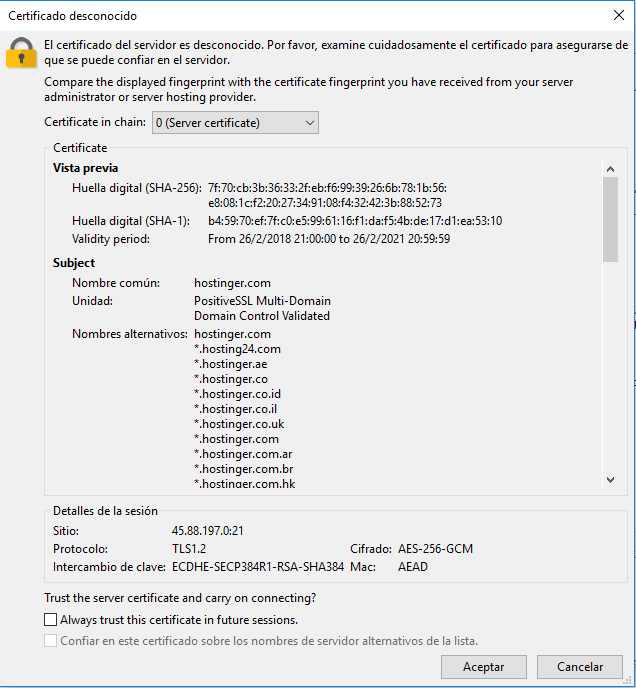 Esta imagen muestra la pantalla de inspección del certificado TLS de Filezilla