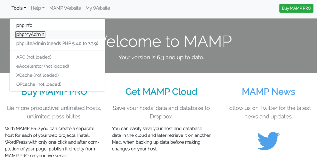 phpMyAdmin en la aplicación de MAMP