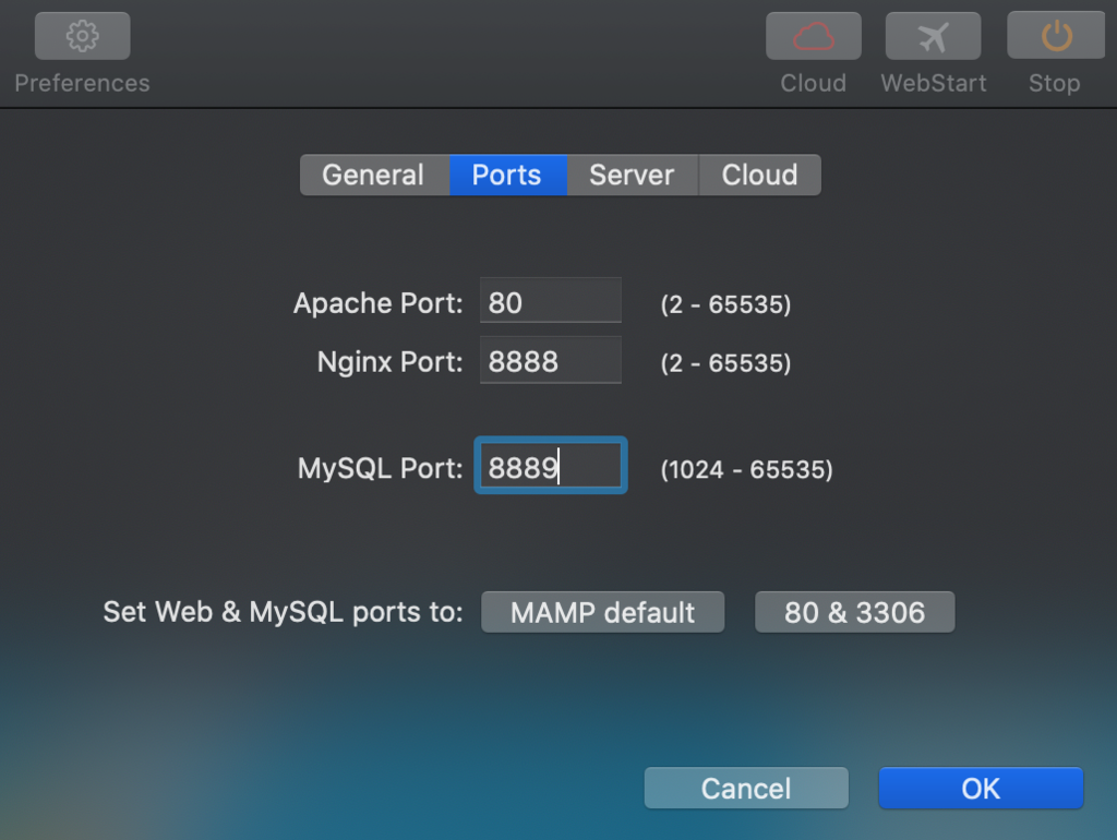 Pestaña Ports en Preferences de Mac