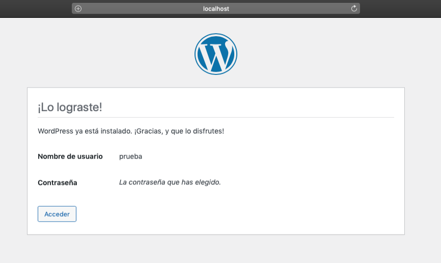 Pantalla final de la instalación de WordPress en Mac
