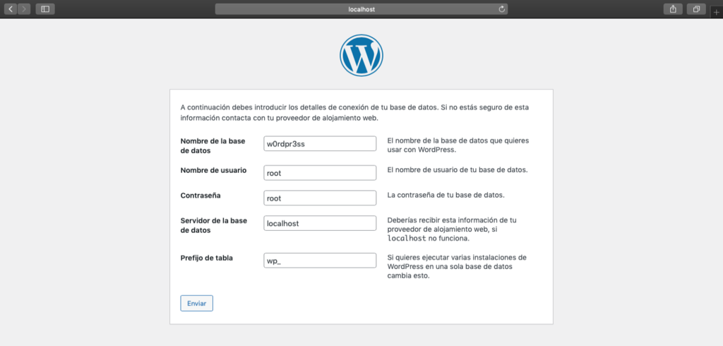 Formulario para instalar WordPress en Mac