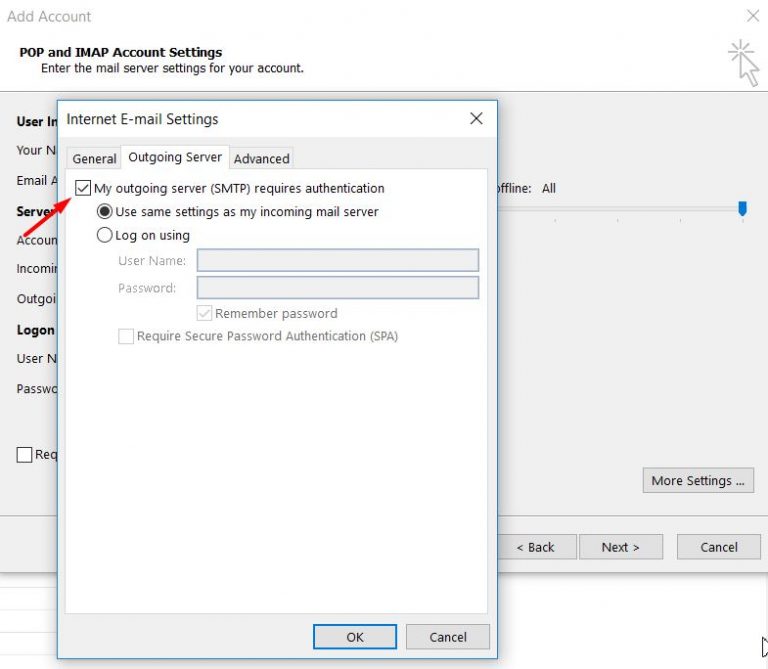 Configuración de la autenticación del servidor saliente en Microsoft Outlook 2013.