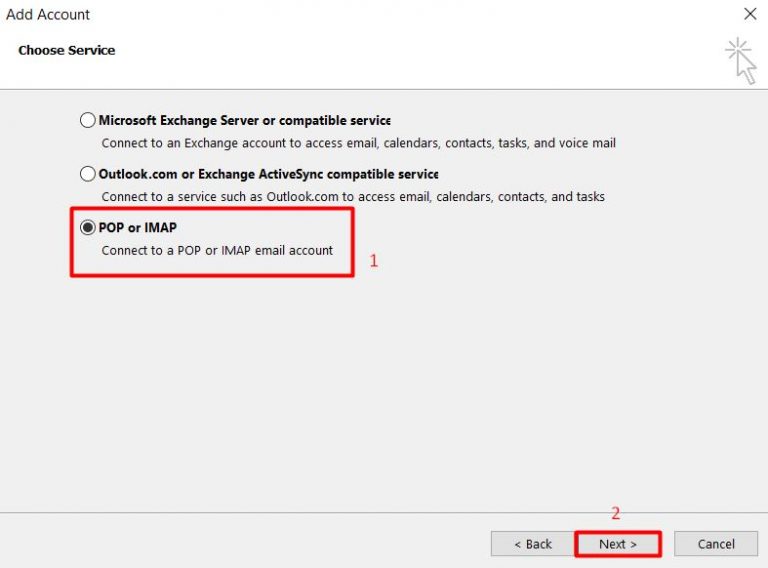 Elegir POP o IMAP en la configuración de Microsoft Outlook 2013.