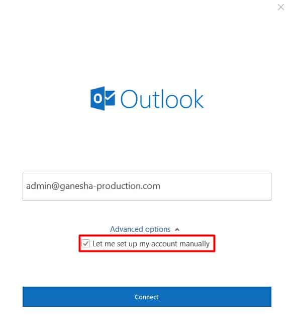 Elegir configurar la cuenta manualmente en la interfaz de inicio de sesión de Microsoft Outlook 2016.