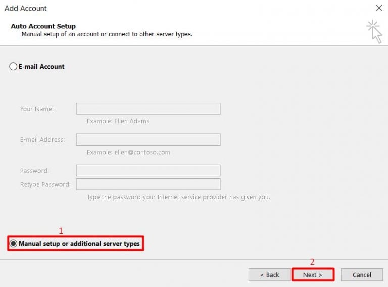 Elige configurar manualmente una cuenta de correo electrónico en Microsoft Outlook 2013.