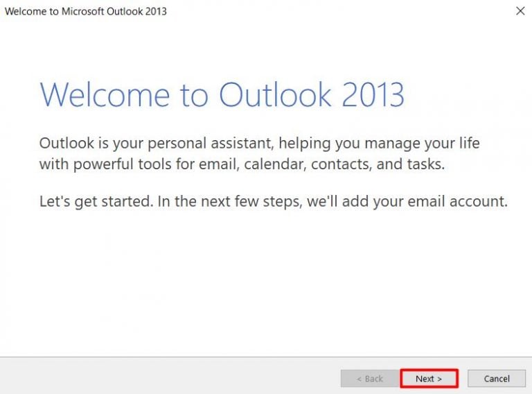 Pantalla de bienvenida de Microsoft Outlook 2013.