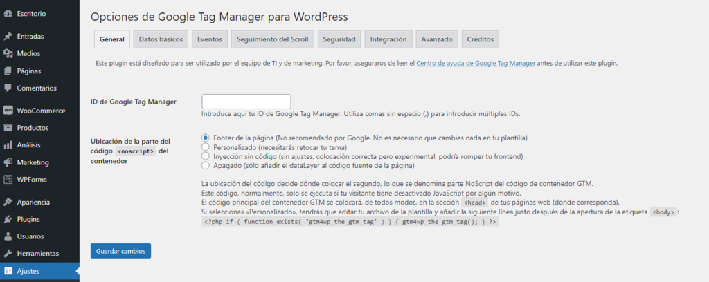 Opciones del plugin de Google Tag Manager en WordPress
