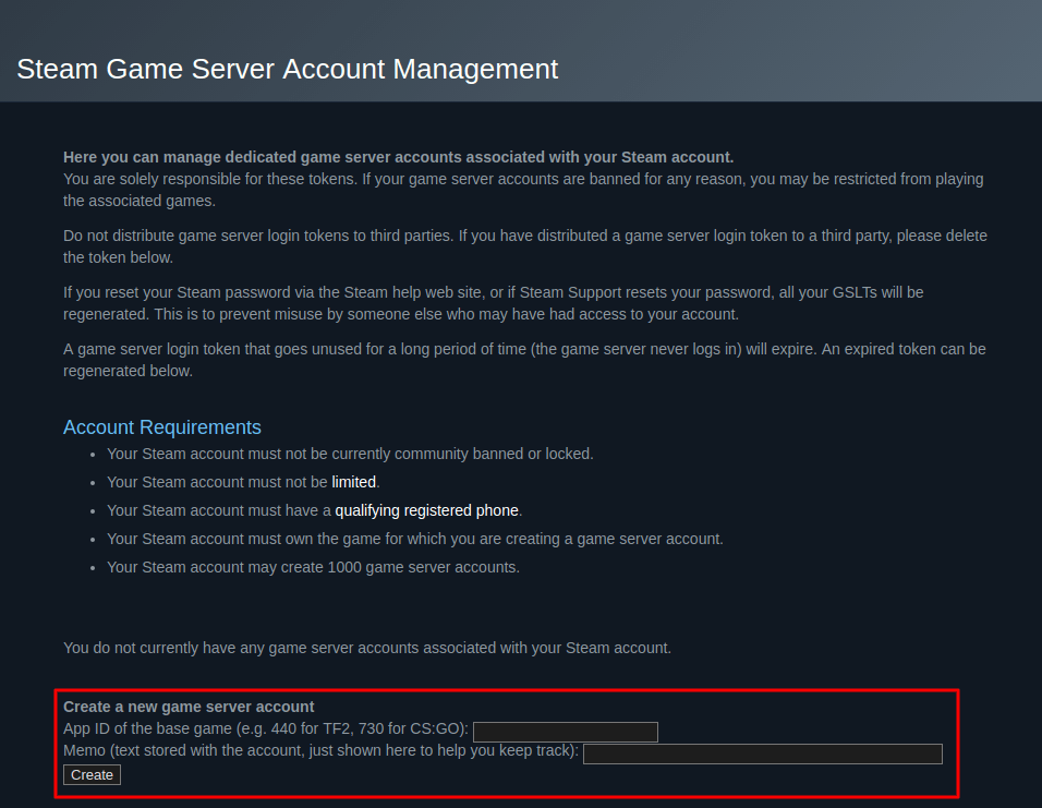 Usando la página de administración de cuentas del servidor de Steam para servidores CSGO