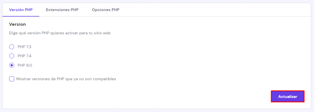 Actualizar versión de PHP en el hPanel