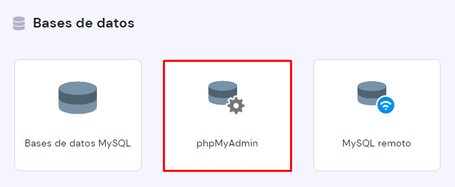 Sección phpmyadmin en Bases de datos en el hPanel