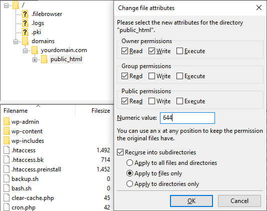 Captura de pantalla de los atributos de archivo en el FTP mostrando el valor 644 y la opción Apply to the files only seleccionada