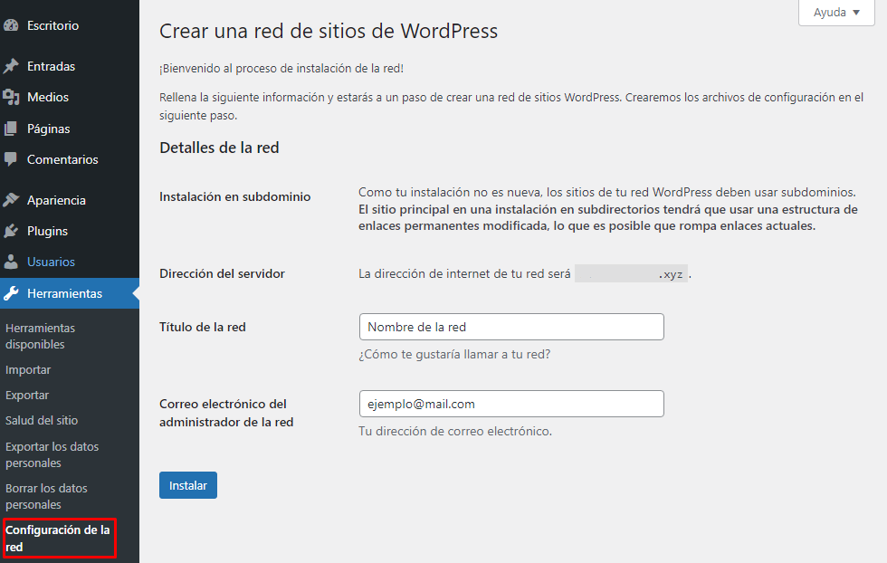 Opción Crear una red de sitios web en WordPress