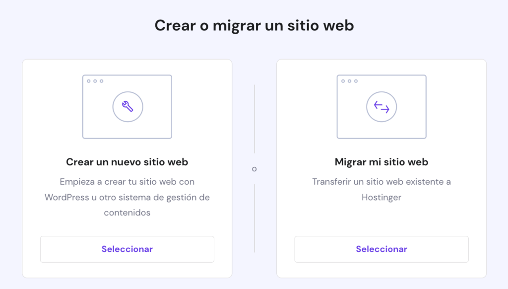 Una ventana que muestra dos opciones, crear o migrar un sitio web.