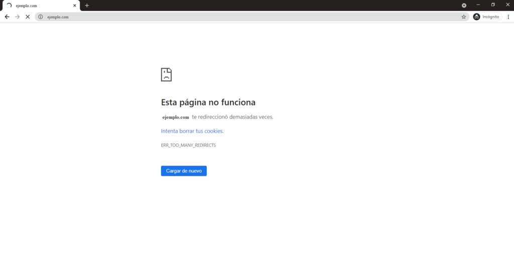 Captura que muestra ERR_TOO_MANY_REDIRECTS en Google Chrome