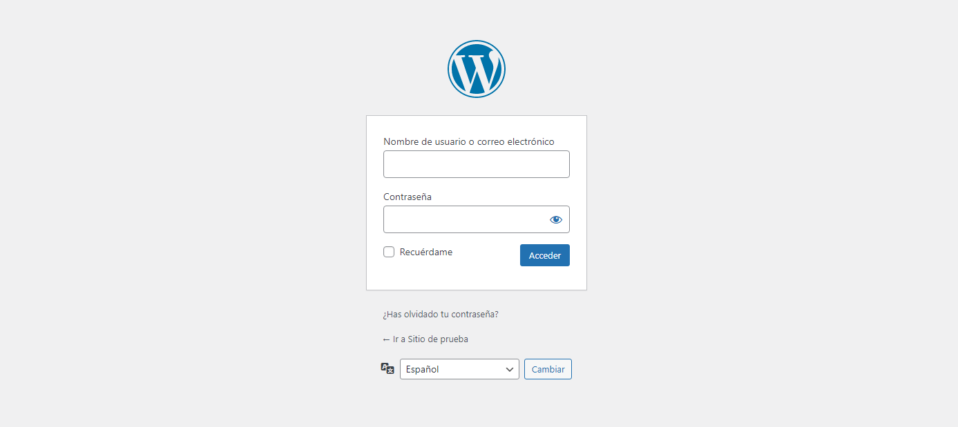 Página de login para acceder a WordPress