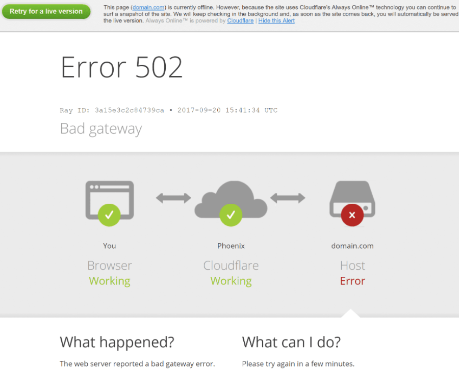 Error 502 bad gateway al usar CloudFlare versión 2
