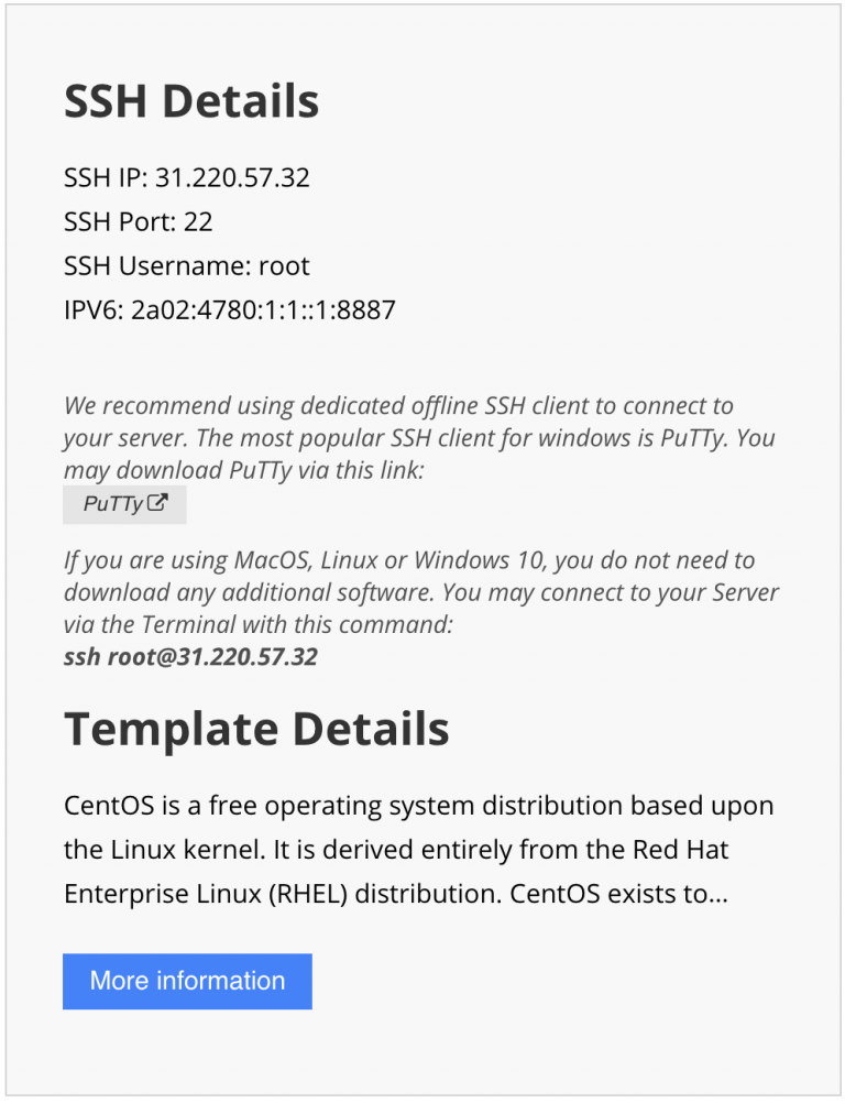 sección del servidor que muestra los detalles de ssh para el nombre de usuario y el puerto