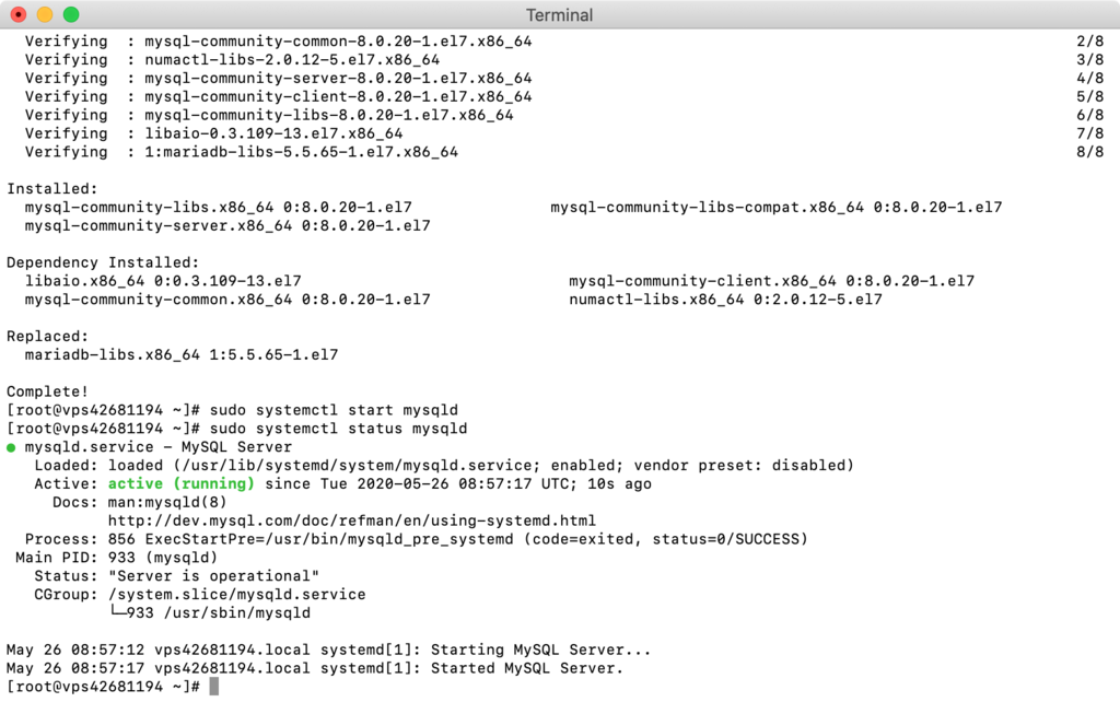 Verificación del estado después de la instalación de MySQL en Linux CentOS.