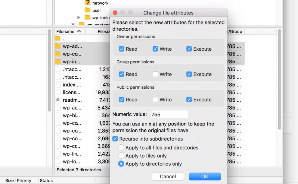 Cambiar la ventana de atributos de archivo de FileZilla