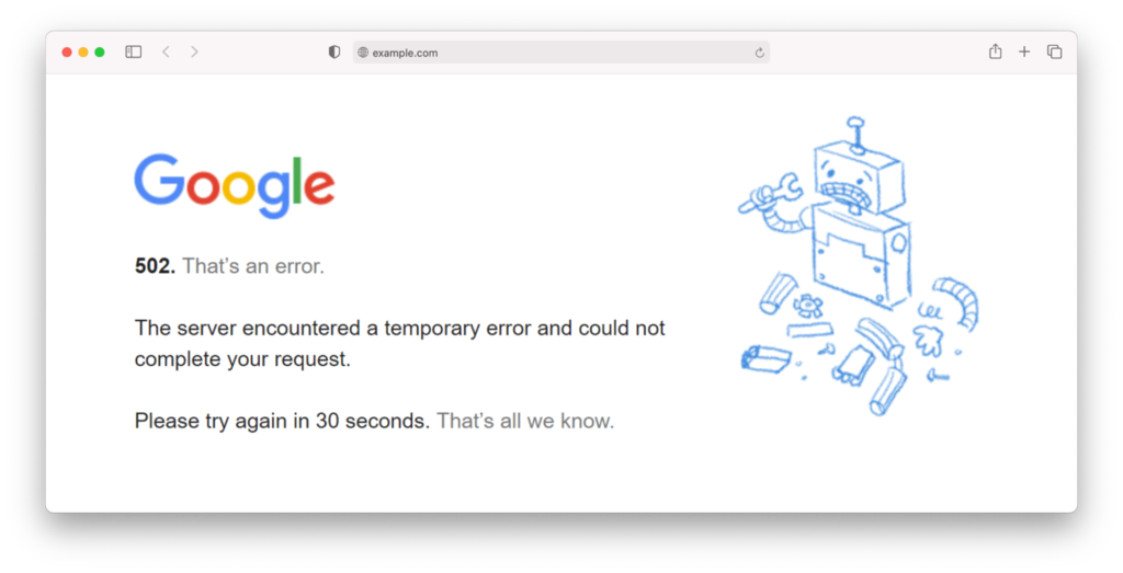 Página de error 502 Bad Gateway de Google