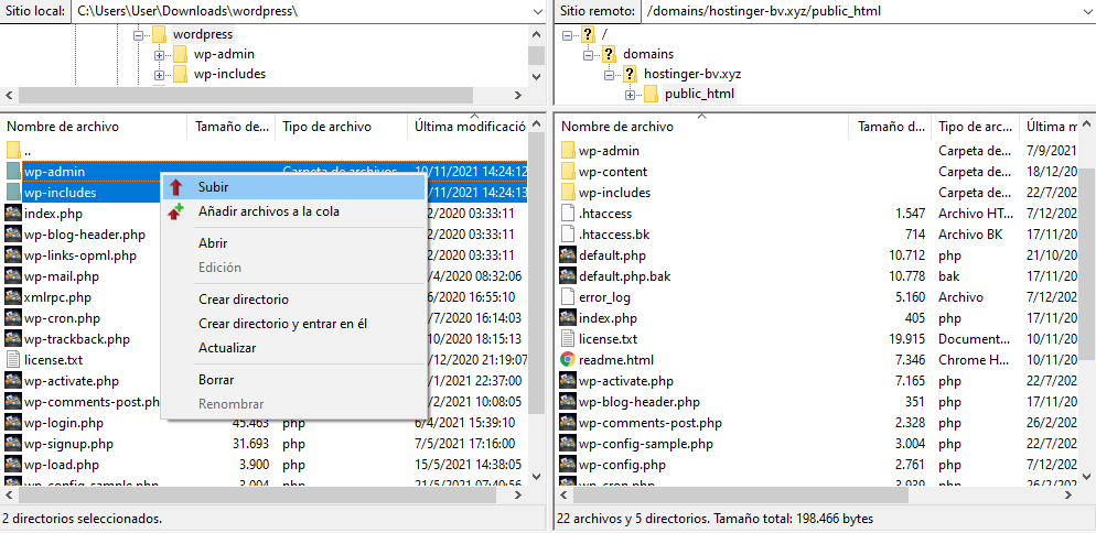 Subir directorios wp-admin y wp-includes en FileZilla