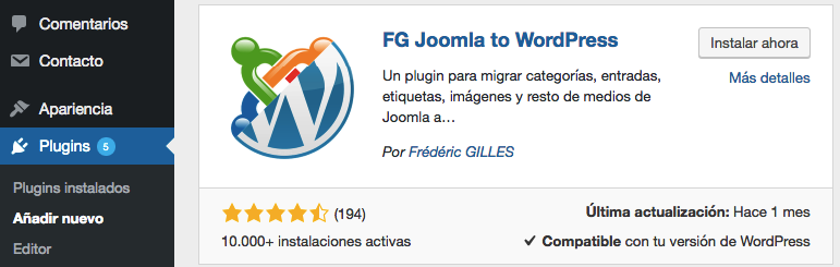 Instalando el plugin de FG Joomla to WordPress.