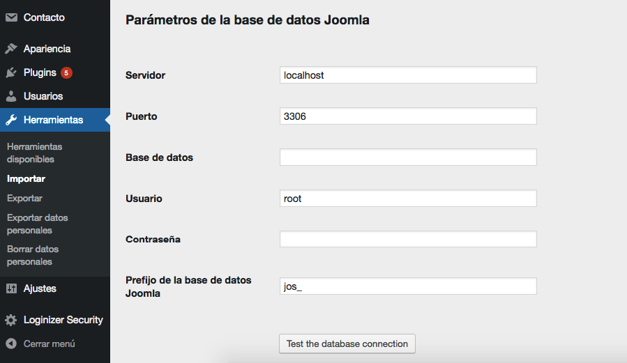 Ingresando la configuración de tu base de datos Joomla.