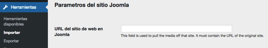 Ingresando la URL para tu sitio web de Joomla.