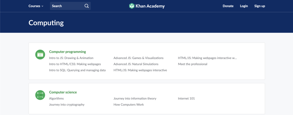 Imagen de la página de Khan Academy para aprender a programar