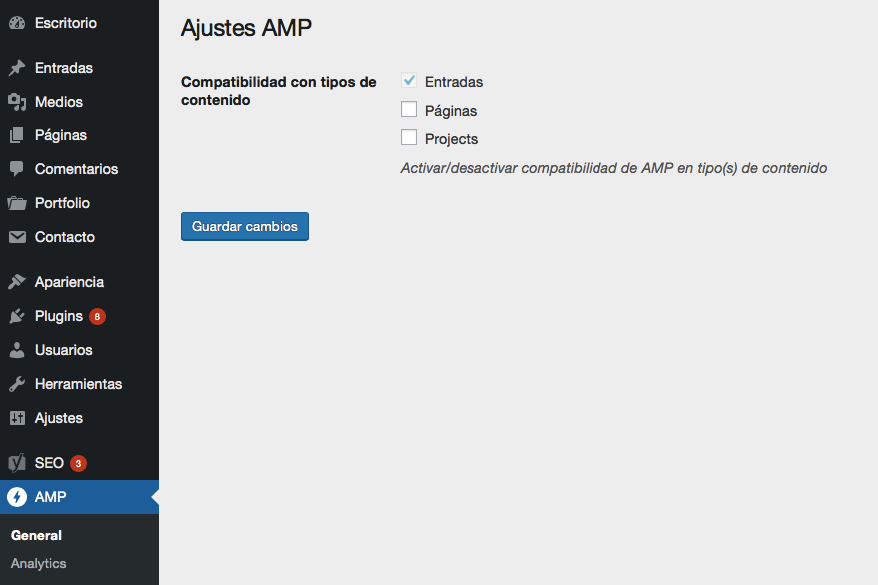 Captura de pantalla de la página de configuración general de AMP for WordPress Plugin