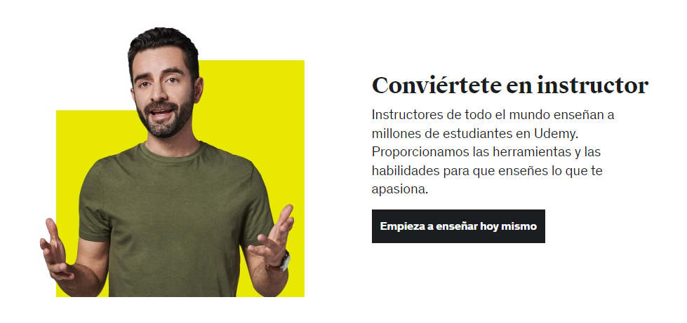 Imagen de la página web de Udemy que muestra la sección para convertirse en instructor