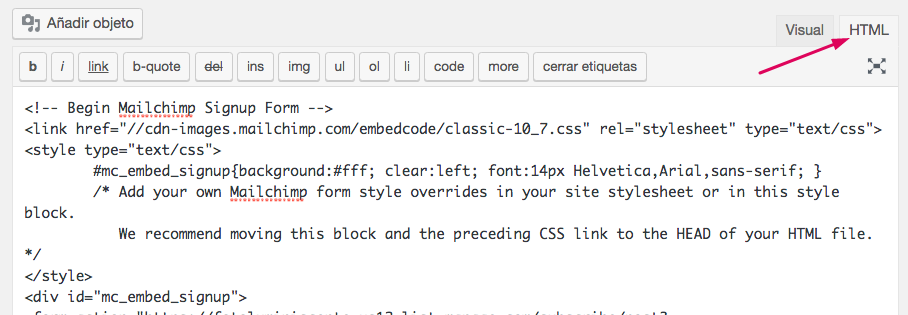 Añadiendo HTML a través del editor de WordPress.