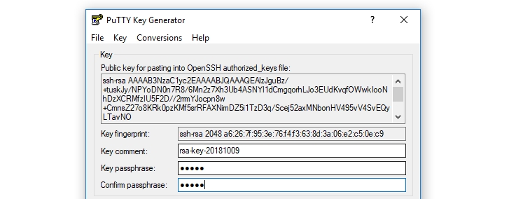 Configuración de una frase de contraseña en PuTTY Key Generator