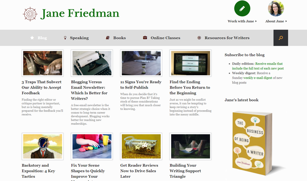 Imagen del sitio web de Jane Friedman, que apunta a quienes quieren ser autores