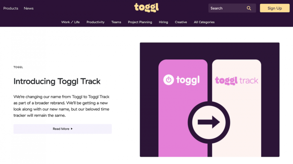 Página de inicio de Toggl