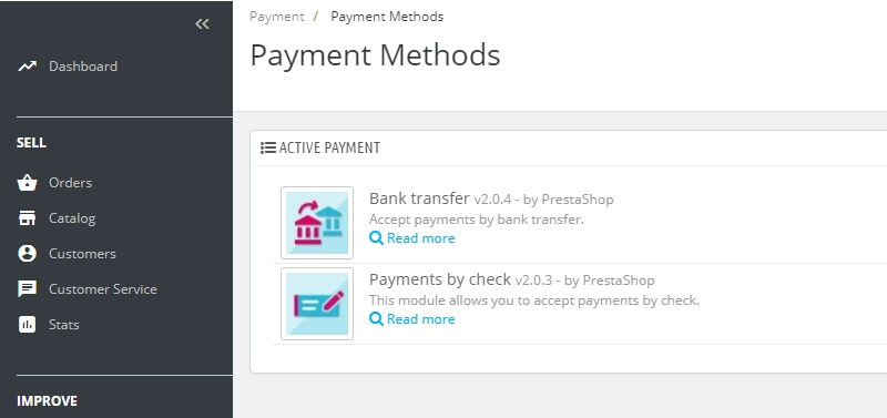 Algunos de los métodos de pago de PrestaShop.