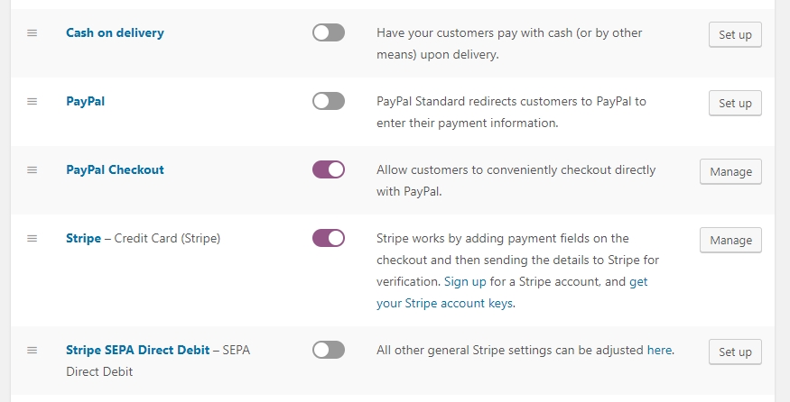 Algunas de las opciones de pago soportadas por WooCommerce.