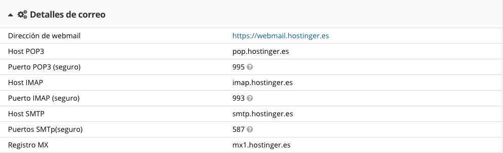 Detalles del servidor de correo electrónico en el panel de control de Hostinger