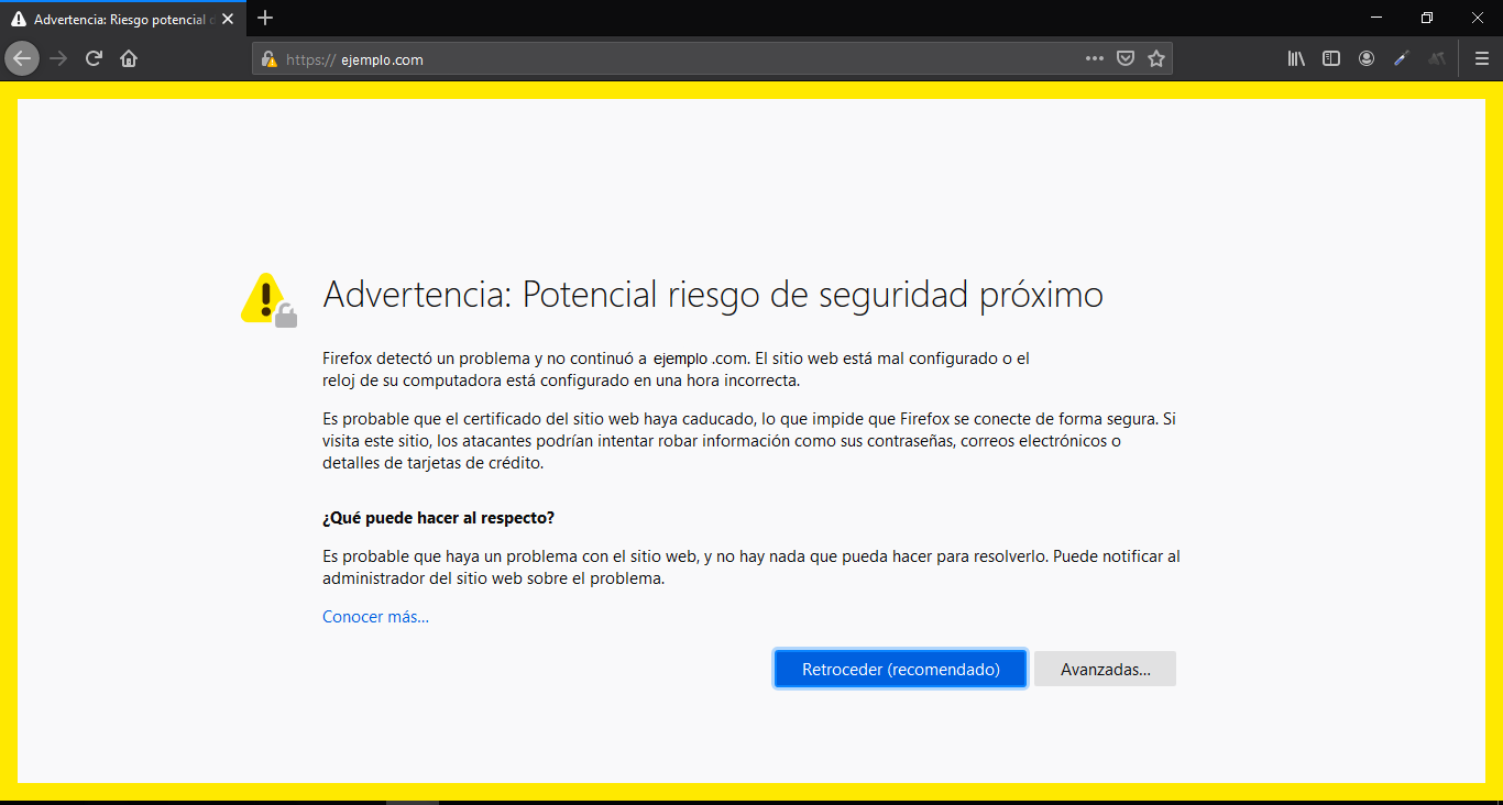 Captura de pantalla mostrando el error 'La conexión no es privada' en Mozilla Firefox