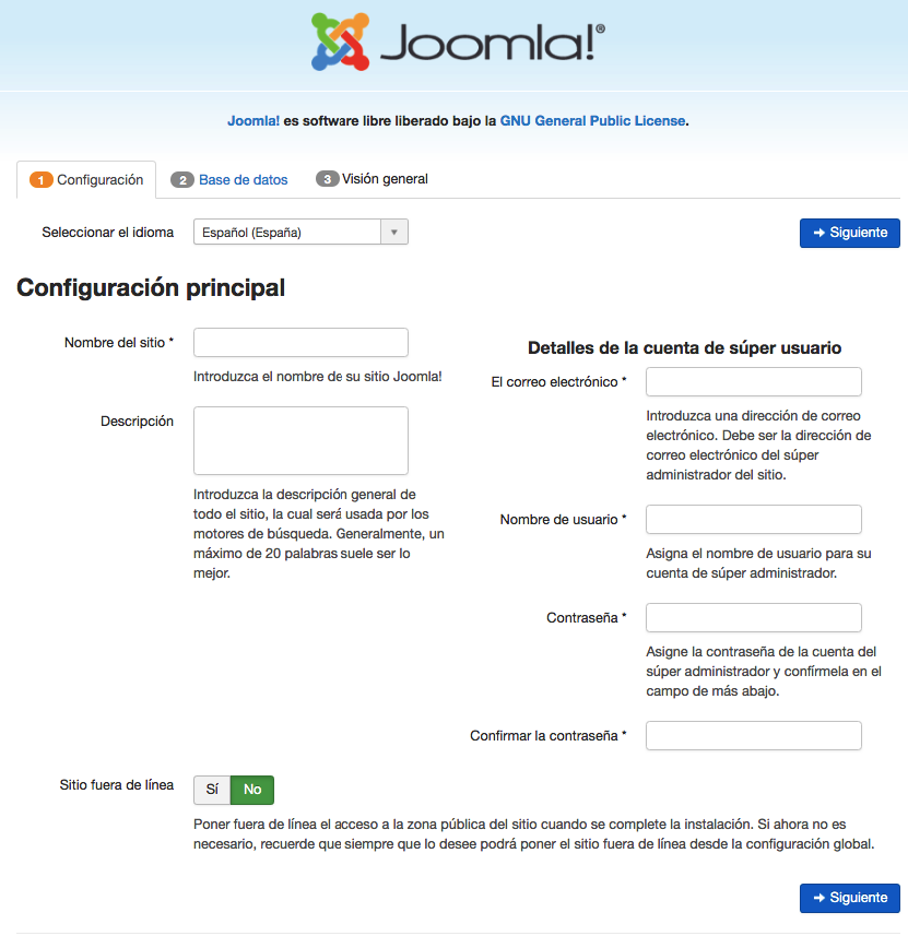 Instalando Joomla manualmente - configuración principal