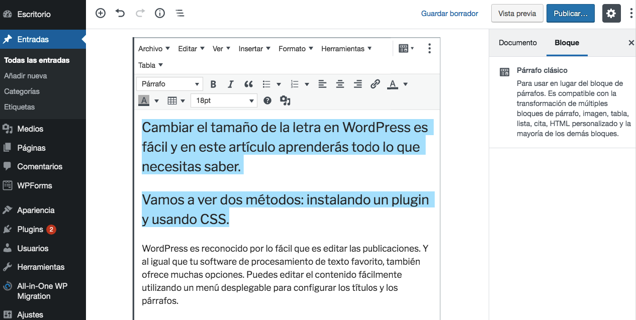 Cómo Cambiar El Tamaño De La Letra En WordPress
