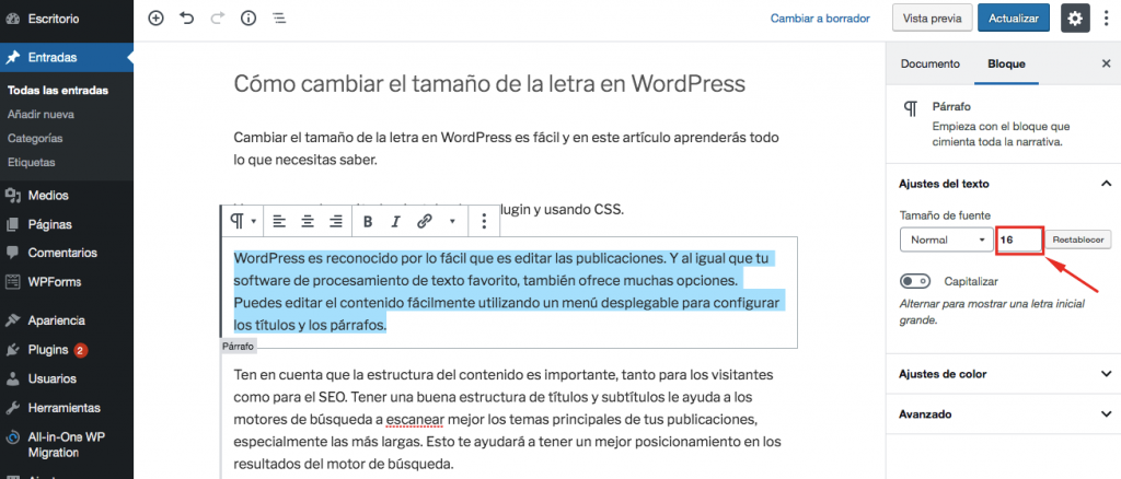 Cómo cambiar el tamaño de letra en WordPress usando entrada manual