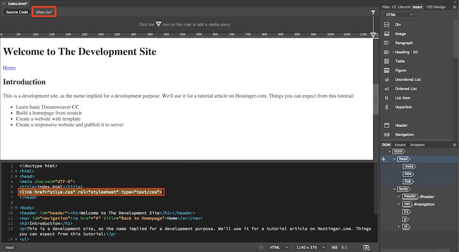 Nuevo archivo CSS creado en el espacio de trabajo
