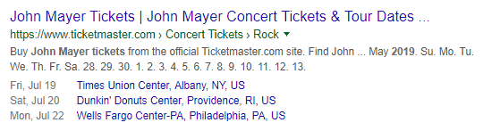 La página de programación de conciertos de John Mayer está activada con el esquema de evento marcado